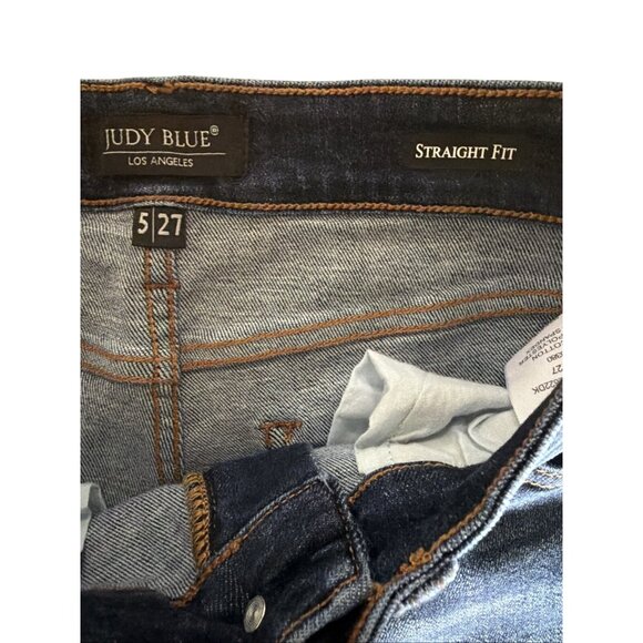 Judy Blue Womens Straight Fit Jeans Size 5/27 Dark Wash Distressed Hem Denim - Picture 2 of 6